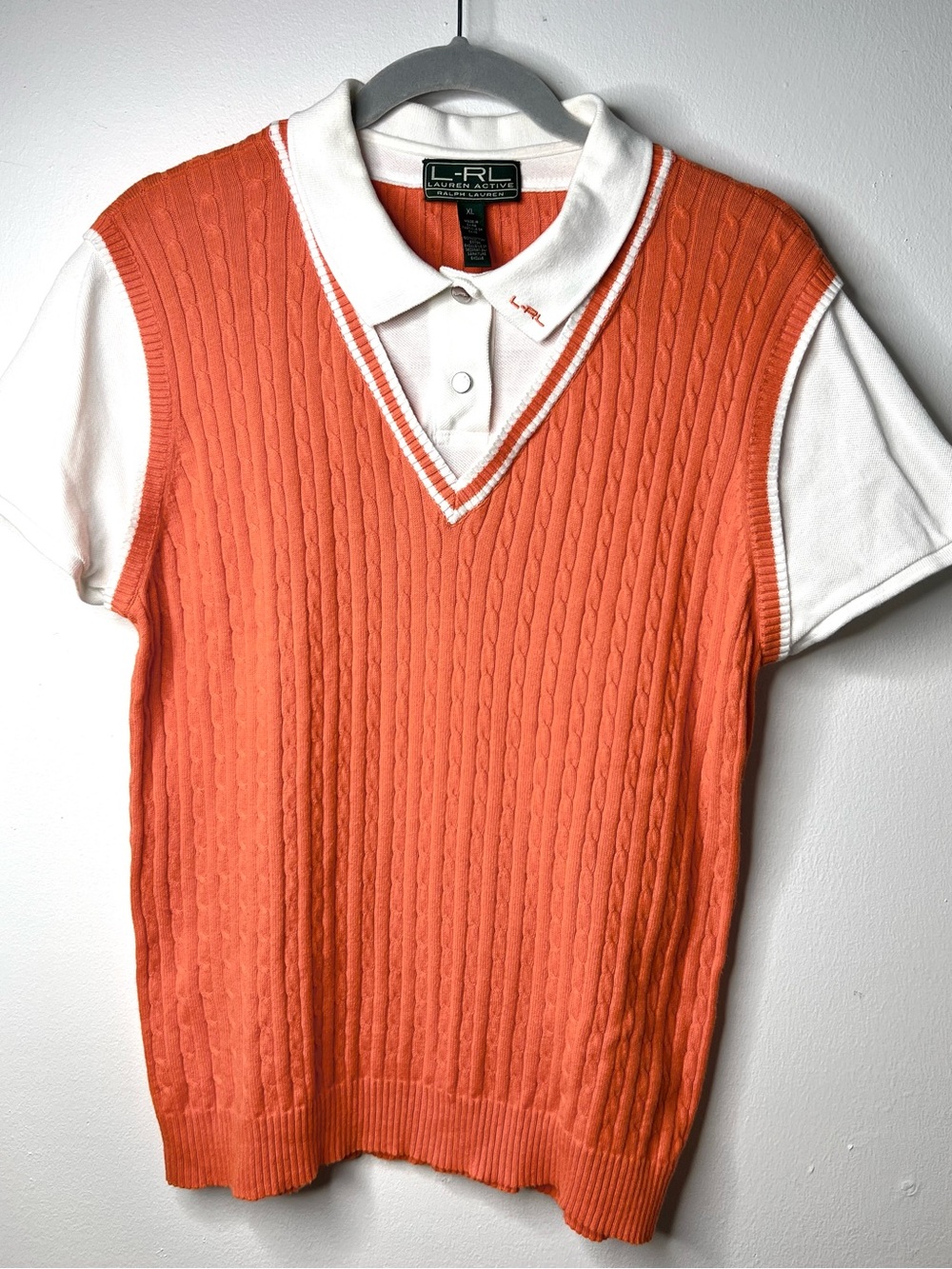 Ralph Lauren Orange & White Cable Knit Polo Sweater SZ XL  EUC